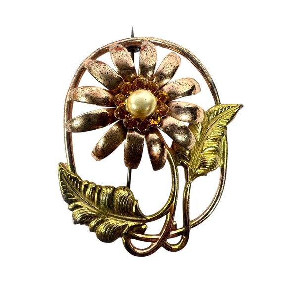 Unbranded Jewelry - Vintage Sterling Silver Floral Brooch Pearl Center Amber Stones Art Nouveau